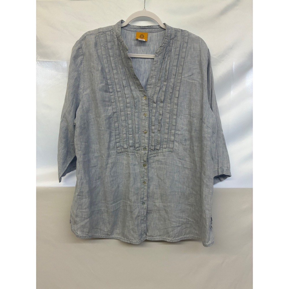Ruby Rd. Linen Blouse Womens 1X Blue Pintuck Button Down 3/4 Sleeve Top